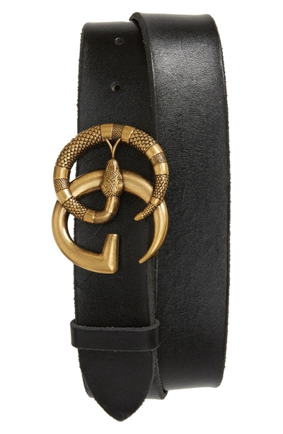 Leather Belt With Double G Buckle With Snake In Black