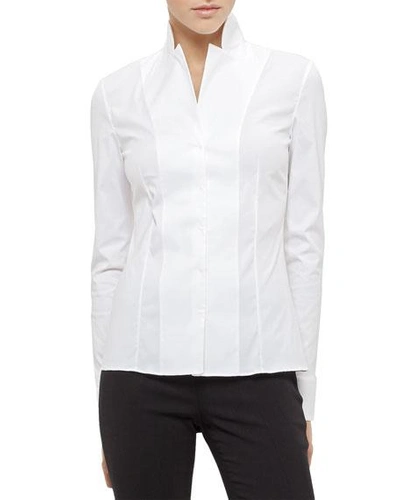Shop Akris Long-sleeve Notched-collar Poplin Blouse In White