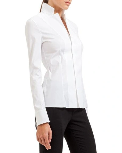 Shop Akris Long-sleeve Notched-collar Poplin Blouse In White