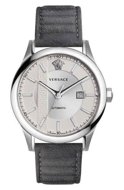 Shop Versace Aiakos Automatic Leather Strap Watch, 44mm In Grey/ Silver