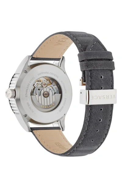 Shop Versace Aiakos Automatic Leather Strap Watch, 44mm In Grey/ Silver