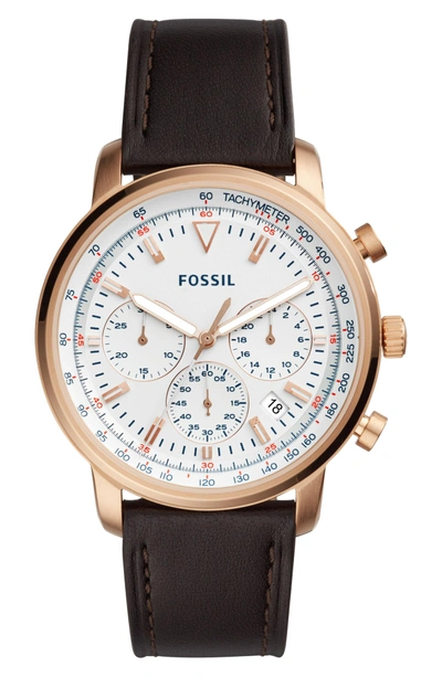 Shop Fossil Goodwin Chronograph Leather Strap Watch, 44mm In Brown/ White/ Rose Gold