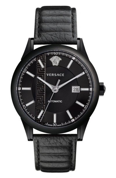 Shop Versace Aiakos Automatic Leather Strap Watch, 44mm In Black