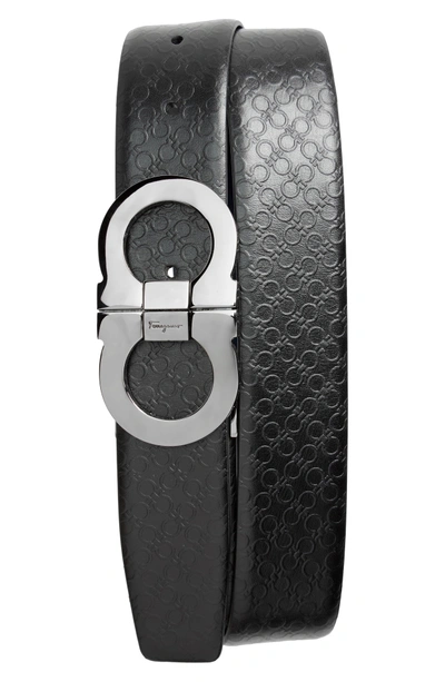 Shop Ferragamo Double Gancio Embossed Belt In Black