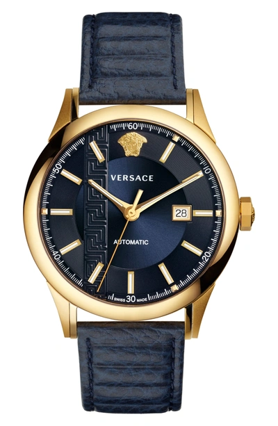 Versace 44mm Aiakos Men's Automatic Watch With Blue Leather 
