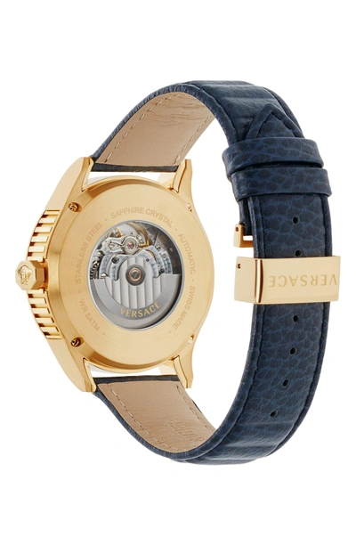 Shop Versace Aiakos Automatic Leather Strap Watch, 44mm In Blue/ Gold