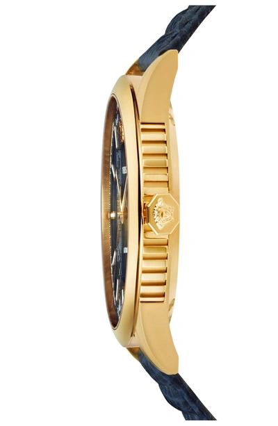 Shop Versace Aiakos Automatic Leather Strap Watch, 44mm In Blue/ Gold