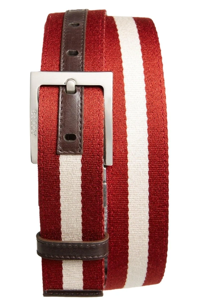 Shop Bally 'tonni' Stripe Canvas & Leather Belt In Chocolate/ Red/ Beige