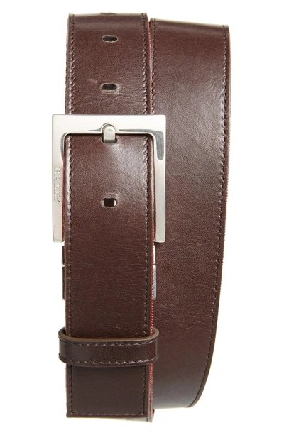 Shop Bally 'tonni' Stripe Canvas & Leather Belt In Chocolate/ Red/ Beige