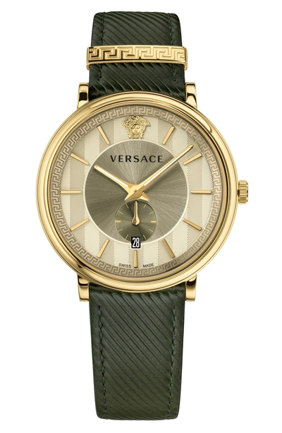 Shop Versace Manifesto Leather Strap Watch, 42mm In Green/ Brass/ Gold