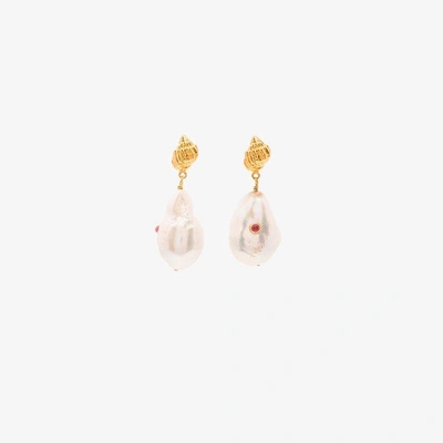 Shop Anni Lu Gold-plated Sterling Silver Baroque Pearl Shell Ruby Earrings In White