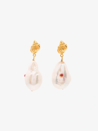 Shop Anni Lu Gold-plated Sterling Silver Baroque Pearl Shell Ruby Earrings In White