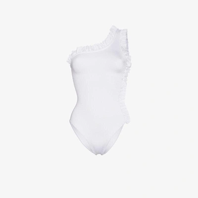 Shop Leslie Amon Tami One-shoulder Swimsuit In White
