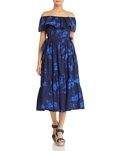 Shop Kate Spade New York Hibiscus Off-the-shoulder Midi Dress In French Navy