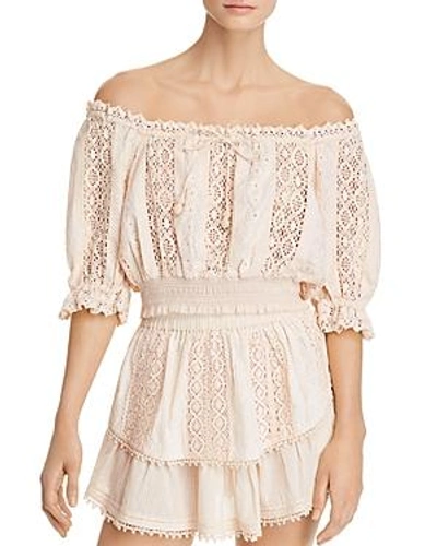 Shop Saylor Off-the-shoulder Lace Crop Top In Blush