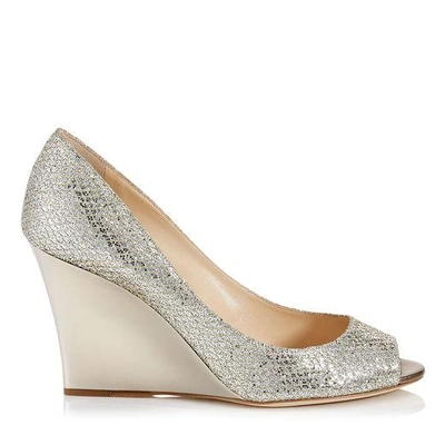 Shop Jimmy Choo Baxen Champagne Glitter Fabric Peep Toe Wedges