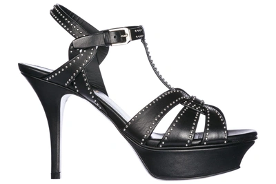 Shop Saint Laurent Women's Leather Heel Sandals Tribute 75 In Black