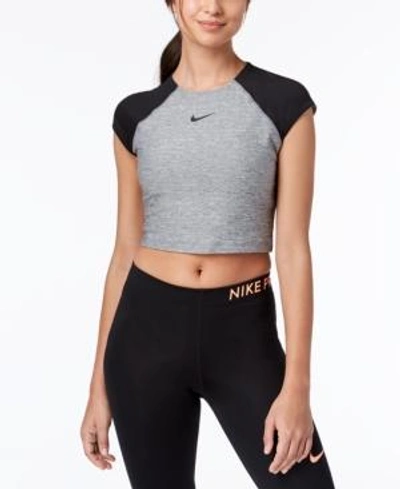 Shop Nike Pro Dri-fit Colorblocked Cropped Top In Carbon Heather/black