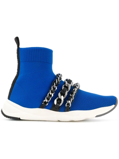 Shop Balmain Chain-embellished Knitted Sneakers In Blue