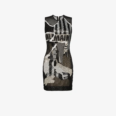 Shop Balmain Newsprint Logo Sequin Dress In Black