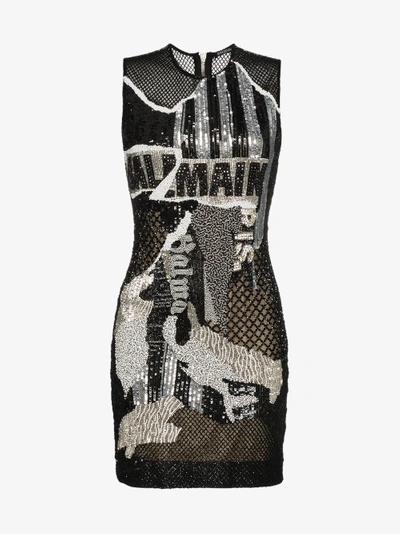 Shop Balmain Newsprint Logo Sequin Dress In Black