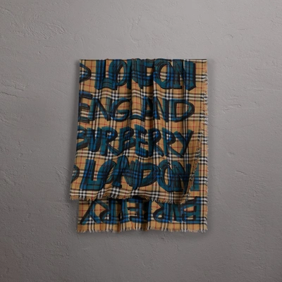 Shop Burberry Graffiti Print Check Wool Silk Large Square Scarf In Brilliant Blue