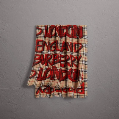 Shop Burberry Graffiti Print Check Wool Silk Large Square Scarf In Bright Red