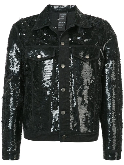 Shop Ashish Sequinned Distressed Denim Jacket - Black