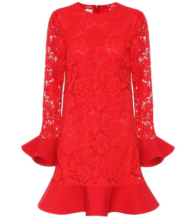 Shop Valentino Lace Flounce Dress In Red