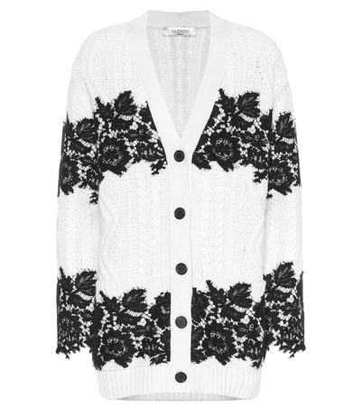 Shop Valentino Lace-trimmed Virgin Wool Cardigan In White