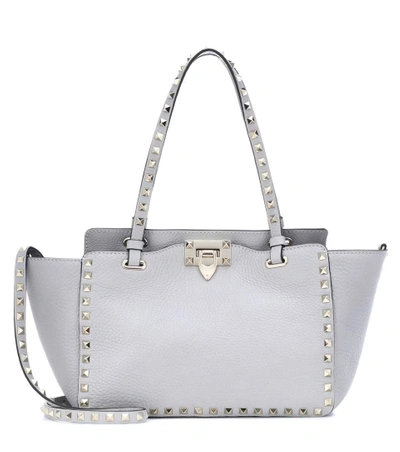 Shop Valentino Rockstud Small Leather Tote In Grey