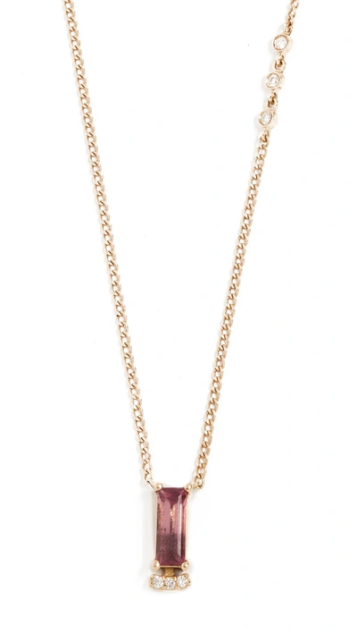 Shop Paige Novick 18k Necklace With Baguette Gemstone & Pave Diamond Bar In Pink Tourmaline
