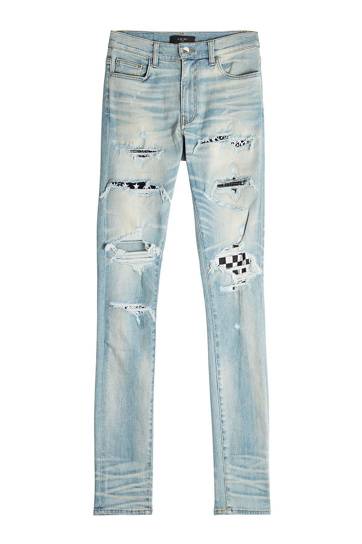guys checkerboard patch distressed jeans