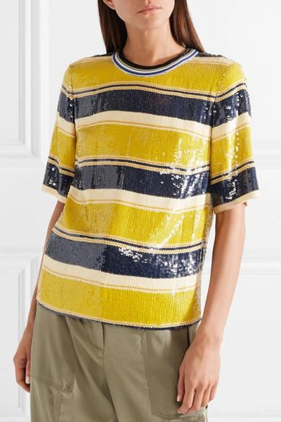 Shop 3.1 Phillip Lim Striped Sequined Silk T-shirt In Yellow