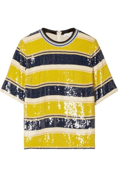 Shop 3.1 Phillip Lim Striped Sequined Silk T-shirt In Yellow