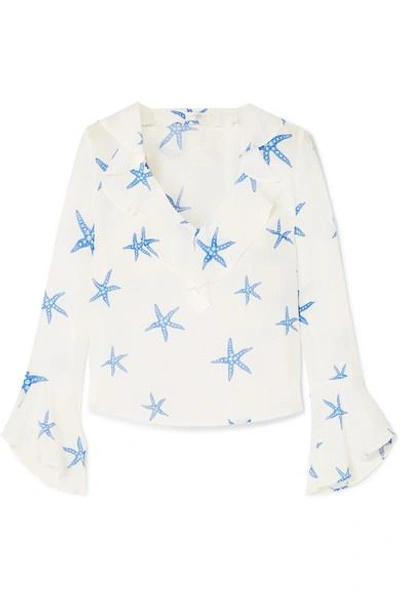 Shop Rixo London Jane Ruffle-trimmed Printed Silk-crepe Blouse In White