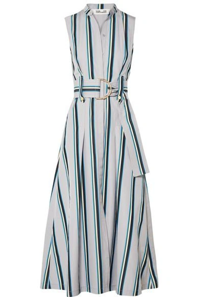 Shop Diane Von Furstenberg Belted Striped Cotton Midi Dress In Gray