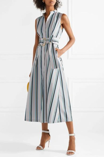 Shop Diane Von Furstenberg Belted Striped Cotton Midi Dress In Gray