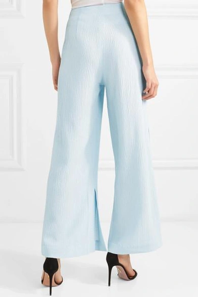 Shop Roland Mouret Glover Embroidered Cloqué Wide-leg Pants In Blue