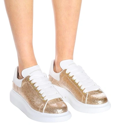 Shop Alexander Mcqueen Glitter Platform Leather Sneakers In Gold