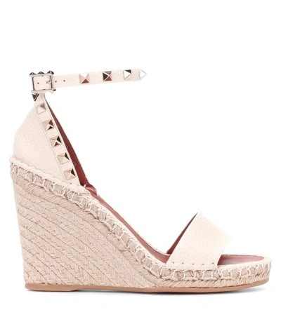 Shop Valentino Rockstud Double Leather Wedge Espadrilles In Neutrals