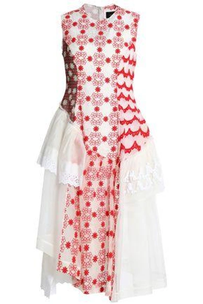 Shop Simone Rocha Woman Paneled Lace, Embroidered Tulle And Printed Chiffon Midi Dress Red