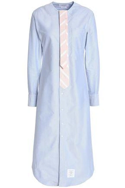 Shop Thom Browne Woman Striped Faille-trimmed Oxford Midi Dress Sky Blue