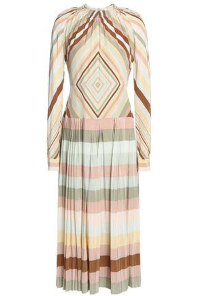 Shop Valentino Pleated Printed Silk Midi Dress In Sage Green