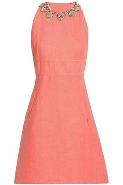 Shop Valentino Bead-embellished Linen Mini Dress In Coral