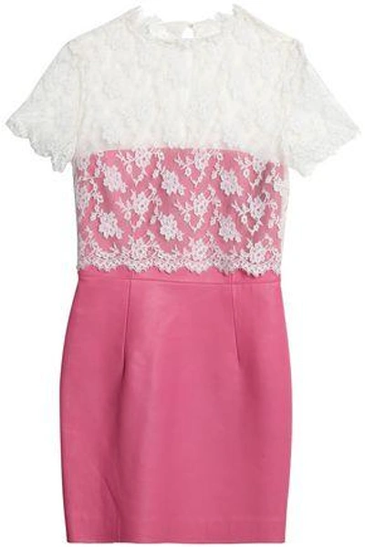 Shop Valentino Woman Layered Chantilly Lace And Leather Mini Dress Pink