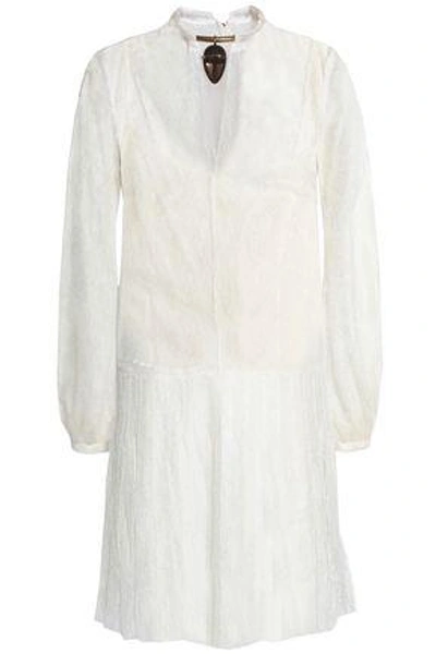 Shop Valentino Woman Layered Appliquéd Pleated Silk-lace Mini Dress White