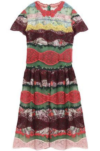 Shop Valentino Point D'esprit And Lace-paneled Printed Cotton Mini Dress In Multicolor