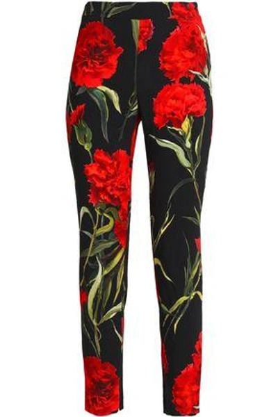 Shop Dolce & Gabbana Floral-print Crepe Skinny Pants In Black