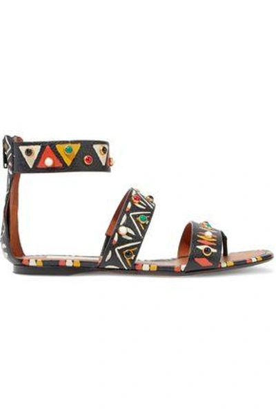 Shop Valentino Studded Printed Textured-leather Sandals In Black